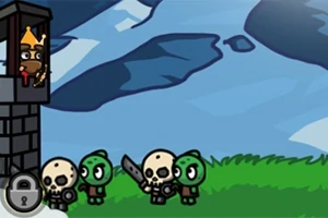 Un personaje con corona observa desde una torre a un grupo de criaturas con cabezas de calavera y espadas en un paisaje de fondo azul