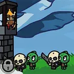 Un personaje con corona observa desde una torre a un grupo de criaturas con cabezas de calavera y espadas en un paisaje de fondo azul