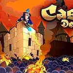 Mago en una torre de castillo defendiendo contra una gran multitud de enemigos con destellos de fuego en el cielo