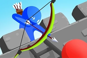 Personaje azul con arco y flecha preparándose para disparar desde una muralla de piedra
