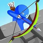 Personaje azul con arco y flecha preparándose para disparar desde una muralla de piedra