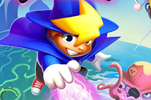 Personaje de fantasía con capa azul y sombrero puntiagudo dorado lanzando magia rosa, rodeado de un paisaje colorido y un pulpo rosa con sombrero pirata