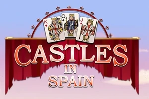 Tres cartas con imágenes de reyes y reinas sobre un fondo de cielo azul y debajo la frase Castles in Spain en letras grandes