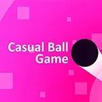 Fondo rosa con figuras cuadradas y un círculo negro con la frase Casual Ball Game