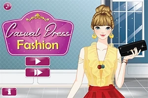 Mujer de pie con blusa amarilla y falda roja, sosteniendo un bolso negro, junto a un letrero que dice Casual Dress Fashion en un interior elegante y moderno
