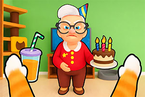 Abuelita caricaturizada con lentes frente a un pastel de cumpleaños con velas, una bebida y patas de gato en primer plano