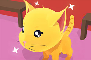 Un gato amarillo con ojos grandes y expresivos en un ambiente interior con fondo rojo y suelo rosado