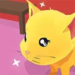 Un gato amarillo con ojos grandes y expresivos en un ambiente interior con fondo rojo y suelo rosado