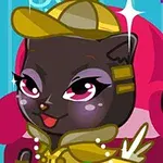 Un gato caricaturesco de color negro con ropa dorada y una gorra, posando frente a un fondo azul con detalles rosados