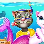 Un gato con snorkel y una rosa en la boca junto a una gata sirena rosada en el agua, rodeados de elementos románticos y marinos