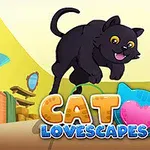 Gato negro saltando alegremente en una sala con decoración colorida y un ovillo de lana