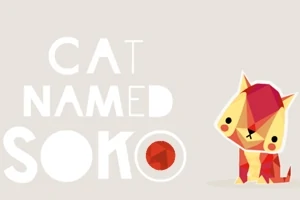 Ilustración de un gato estilizado con patrones geométricos y colores rojo y amarillo, junto a la frase Cat Named Soko