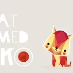 Ilustración de un gato estilizado con patrones geométricos y colores rojo y amarillo, junto a la frase Cat Named Soko