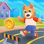 Gato caricaturesco corriendo en una carretera, recogiendo monedas doradas, con casas y un cielo soleado de fondo