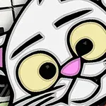 Gato blanco con ojos grandes y expresivos junto a un tablero de cuadros