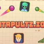 Ilustración con catapultas, proyectiles de colores y retratos de personajes caricaturescos con un texto central