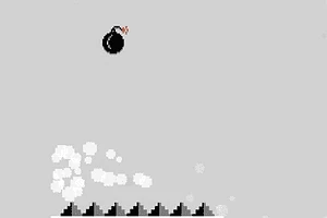 Una bomba negra con una mecha encendida en el aire frente a un fondo gris, con nubes de humo blanco y una fila de picos negros abajo