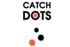 Texto CATCH DOTS en la parte superior con círculos negros y naranjas superpuestos en la parte inferior sobre fondo blanco