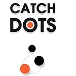 Texto CATCH DOTS en la parte superior con círculos negros y naranjas superpuestos en la parte inferior sobre fondo blanco
