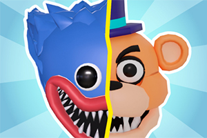 Dos mitades de caras de personajes animados, una azul con sonrisa grande y dientes afilados, y la otra de un oso con sombrero y expresión seria
