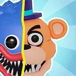 Dos mitades de caras de personajes animados, una azul con sonrisa grande y dientes afilados, y la otra de un oso con sombrero y expresión seria