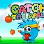 Un personaje azul con venda amarilla en la cabeza sostiene una manzana roja, rodeado de otras manzanas flotantes, con un cielo azul y nubes en el fondo