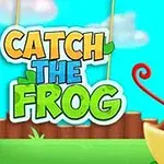 Rana caricaturesca con ojos grandes y lengua extendida junto al texto colorido Catch the Frog sobre un fondo azul con nubes y cerca de madera