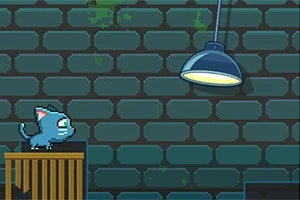 Gato azul dibujado en estilo pixel art sobre una caja con una lámpara colgante y una pared de ladrillos verdes de fondo