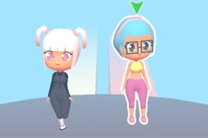 Dos personajes animados con estilo chibi, uno con cabello blanco y vestido oscuro, el otro con cabello azul y ropa deportiva, sobre un fondo azul