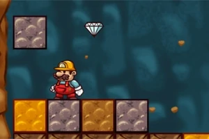 Un personaje con casco amarillo y overol rojo en un entorno subterráneo con bloques y un diamante flotante
