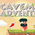 Hombre de las cavernas en un entorno de plataformas con nube, estrella y poción, bajo un gran título