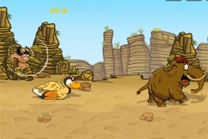 Una escena prehistórica con un dodo corriendo detrás de un mamut en un paisaje rocoso y desértico