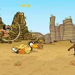 Una escena prehistórica con un dodo corriendo detrás de un mamut en un paisaje rocoso y desértico