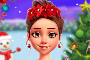 Joven con corona de flores rojas y aretes festivos frente a un paisaje navideño nevado con muñeco de nieve y árbol decorado