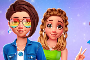 Dos personajes animados con expresión sonriente, uno con gafas con lentes arcoíris y una camiseta blanca, y el otro con cabello trenzado y un vestido verde, frente a un fondo degradado azul y púrpura