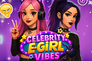 Dos chicas con estilos e-girl, una con cabello rosado y otra con cabello morado, posan frente a un fondo morado con el texto Celebrity E-Girl Vibes y varios íconos y estrellas alrededor