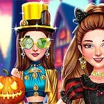 Dos mujeres disfrazadas con ropa colorida y accesorios temáticos en un ambiente festivo de Halloween, con una calabaza tallada y telarañas de fondo