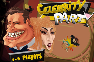 Caricaturas de dos personas famosas con expresiones exageradas junto al texto Celebrity Party y 1-4 Players en un diseño colorido