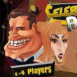 Caricaturas de dos personas famosas con expresiones exageradas junto al texto Celebrity Party y 1-4 Players en un diseño colorido
