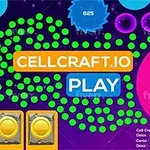 Interfaz colorida con un botón central que dice PLAY rodeado de círculos verdes y un área rosa con el texto Cellcraft