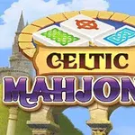 Título Celtic Mahjong con azulejos de diseño celta sobre un fondo de castillo y columnas