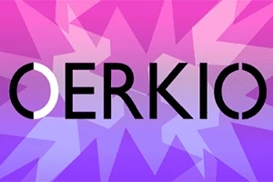 Fondo geométrico en tonos de rosa y morado con la palabra OERKIO en negro sobrepuesta