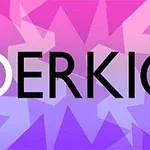 Fondo geométrico en tonos de rosa y morado con la palabra OERKIO en negro sobrepuesta