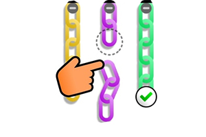 Cadenas de colores unidas con un dedo señalando una cadena morada, y un círculo verde con una palomita al lado derecho