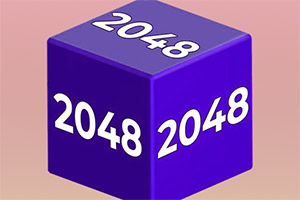 Cubo púrpura con el número 2048 en tres de sus lados sobre un fondo degradado
