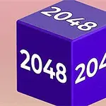 Cubo púrpura con el número 2048 en tres de sus lados sobre un fondo degradado