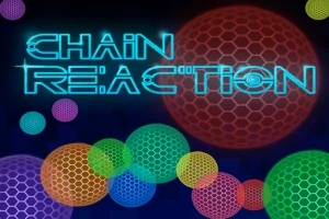 Texto en neón que dice Chain Reaction con esferas de colores en patrón hexagonal sobre un fondo oscuro
