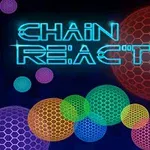 Texto en neón que dice Chain Reaction con esferas de colores en patrón hexagonal sobre un fondo oscuro