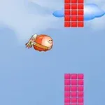 Personaje volador con casco y alas rodeado de bloques rojos en un cielo azul con nubes