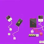 Teléfonos conectados a enchufes con cables en un fondo morado